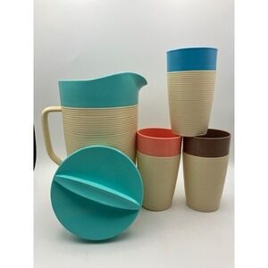 Mid‎ Century Modern Raffiaware Thermo-Temp Pitcher/Lid /3 Tumblers Set Vintage